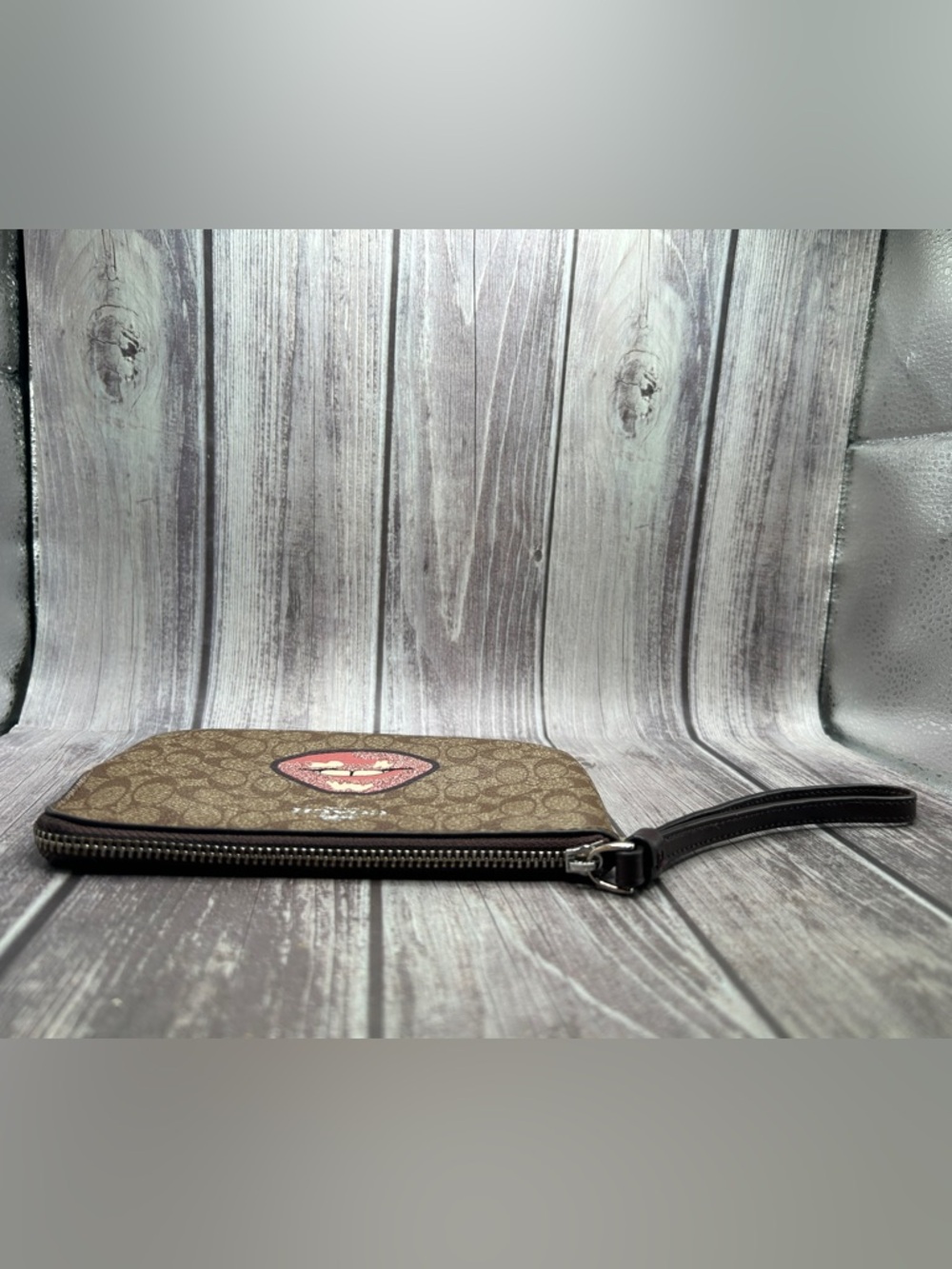 Coach Brown Signature Canvas Wristlet with Pink Lip Patch - Picture 8 of 15